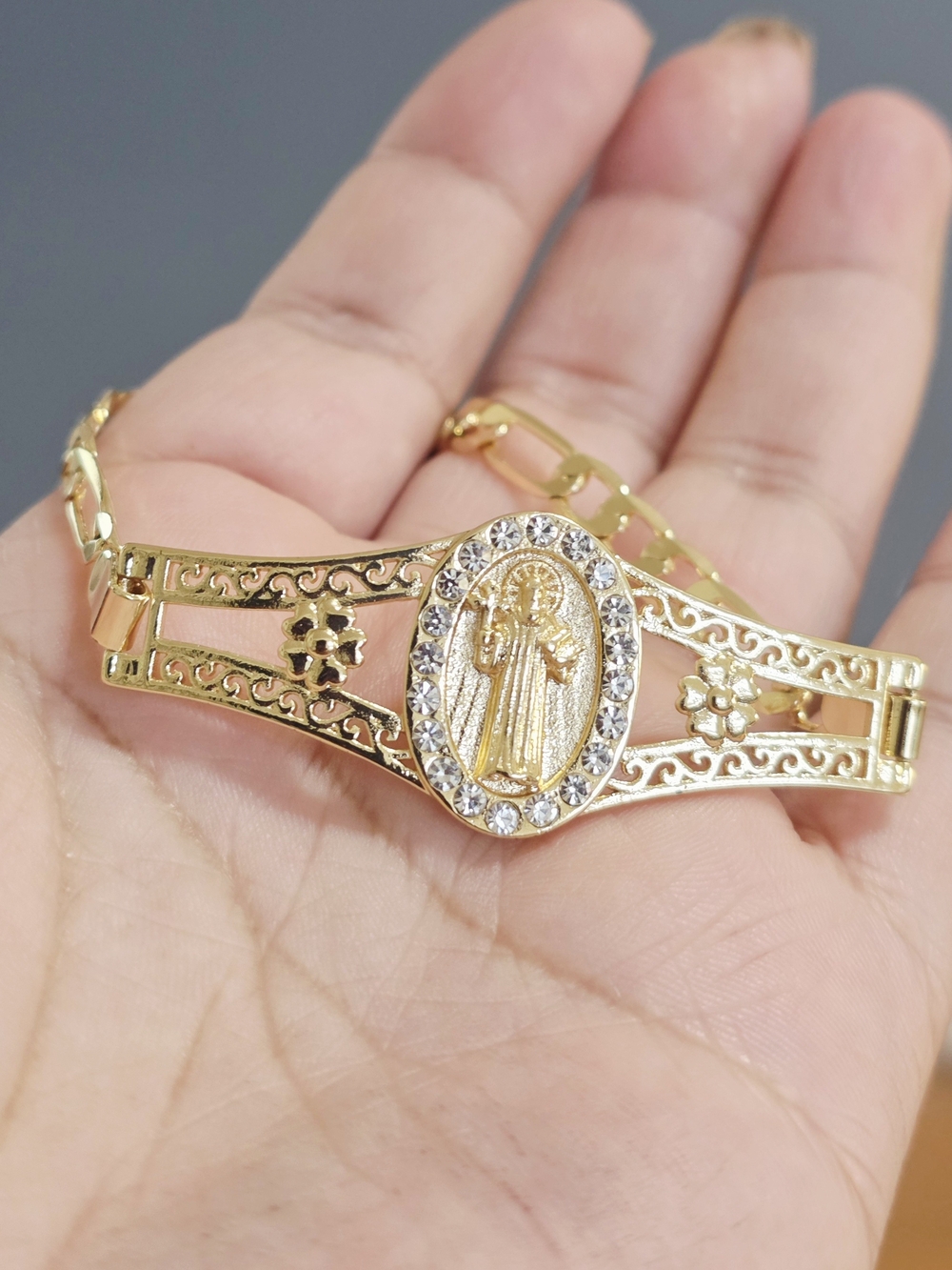 18k Gold Plated Religious Medallion Bracelet with Crystal Accents